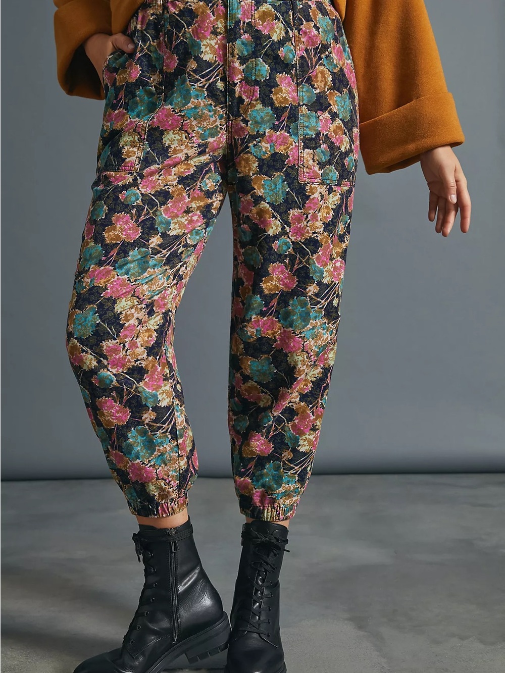 Anthropologie Floral Velvet Joggers - Teal, Pink, Gold on Black - Picture 1 of 9